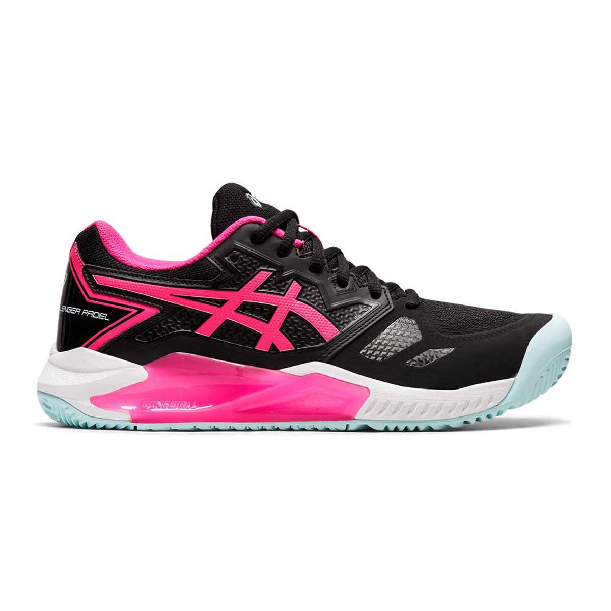 WOMEN’S BLACK AND PINK ASICS GEL-CHALLENGER 13 PADEL 1042A205 001 SHOES