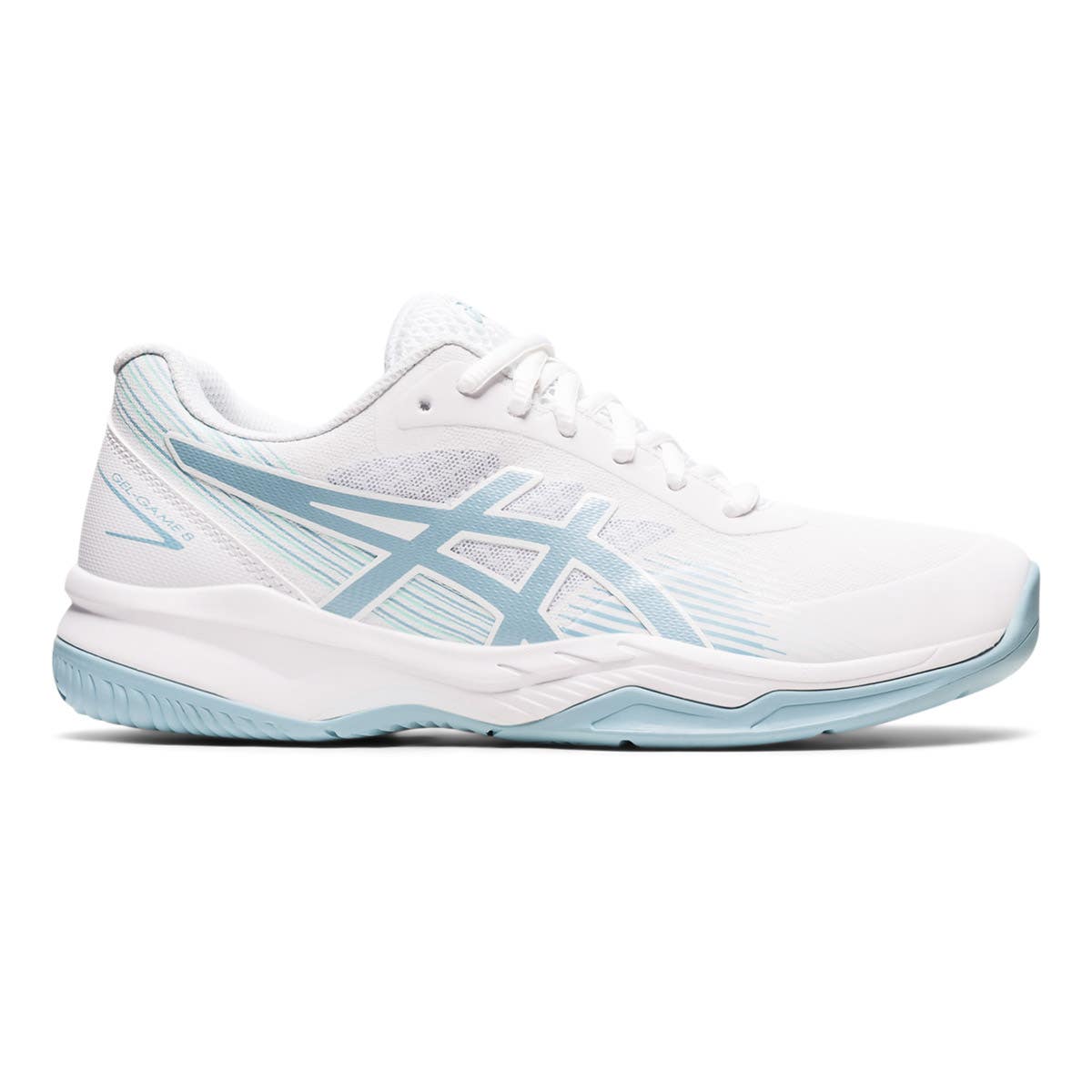WOMEN S WHITE AND BLUE ASICS GEL GAME 8 1042A152 106 SHOES P del