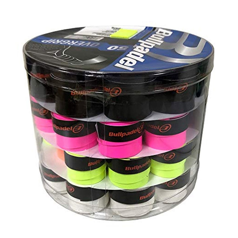 TUB OF 50 MULTICOLOURED BULLPADEL OVERGRIPS